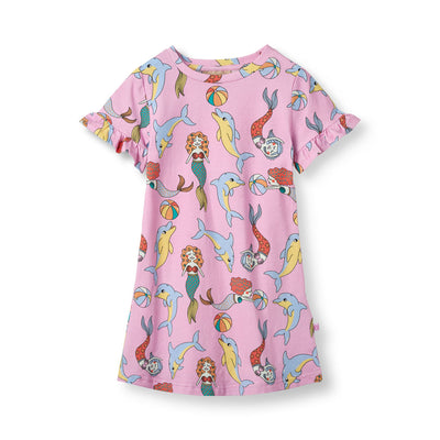 Kurzärmliger Kleid mit Meerjungfrauen und Delfinen
