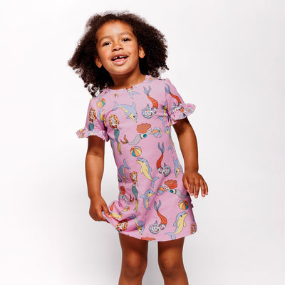 Kurzärmliger Kleid mit Meerjungfrauen und Delfinen