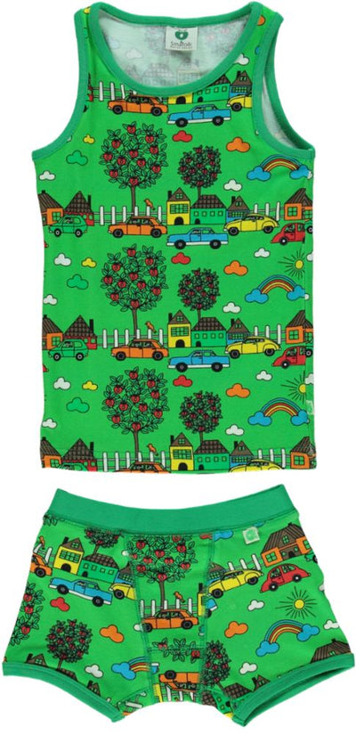 Underwear Boy. City house with cars