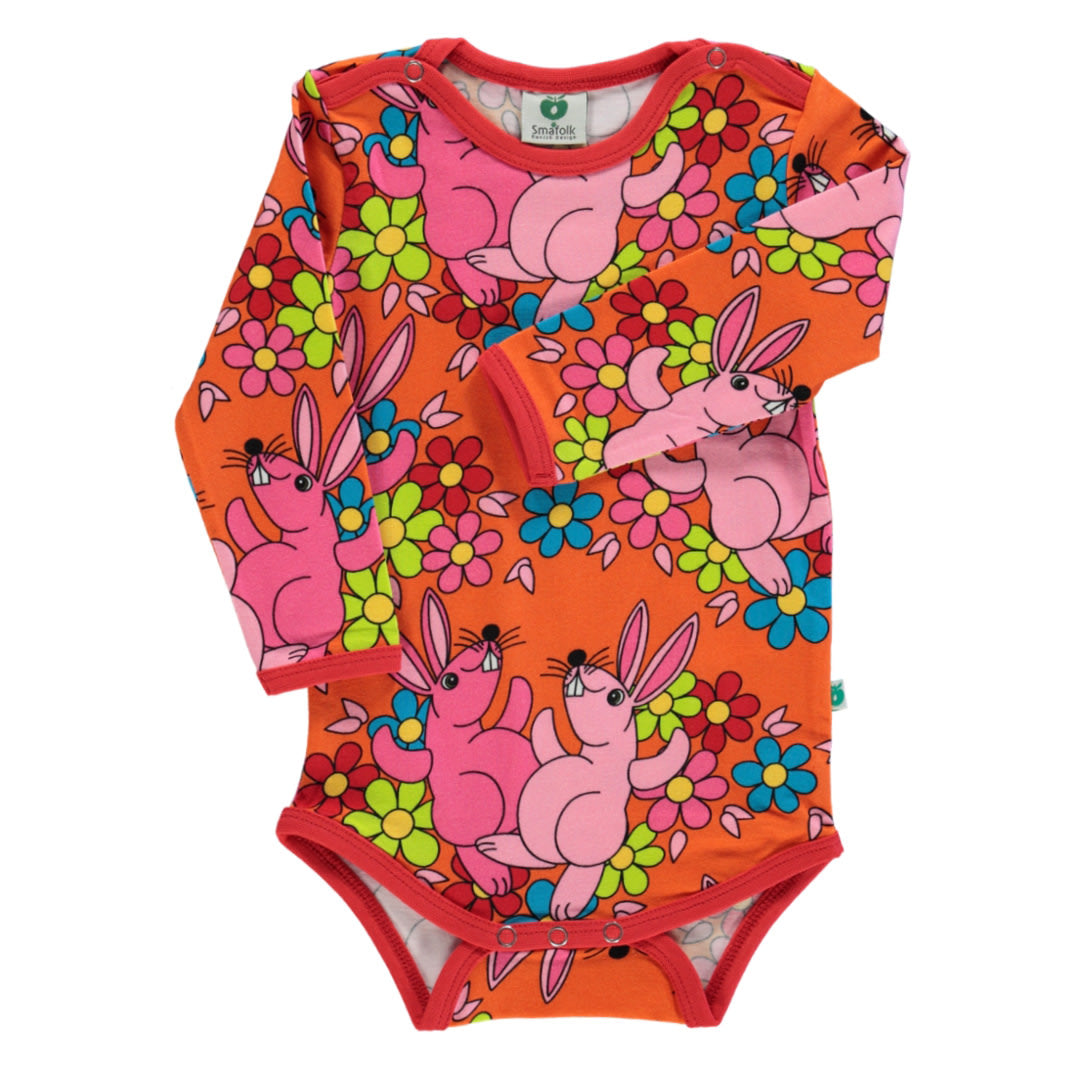 Langärmliger Baby Body mit Kaninchen und Blumen