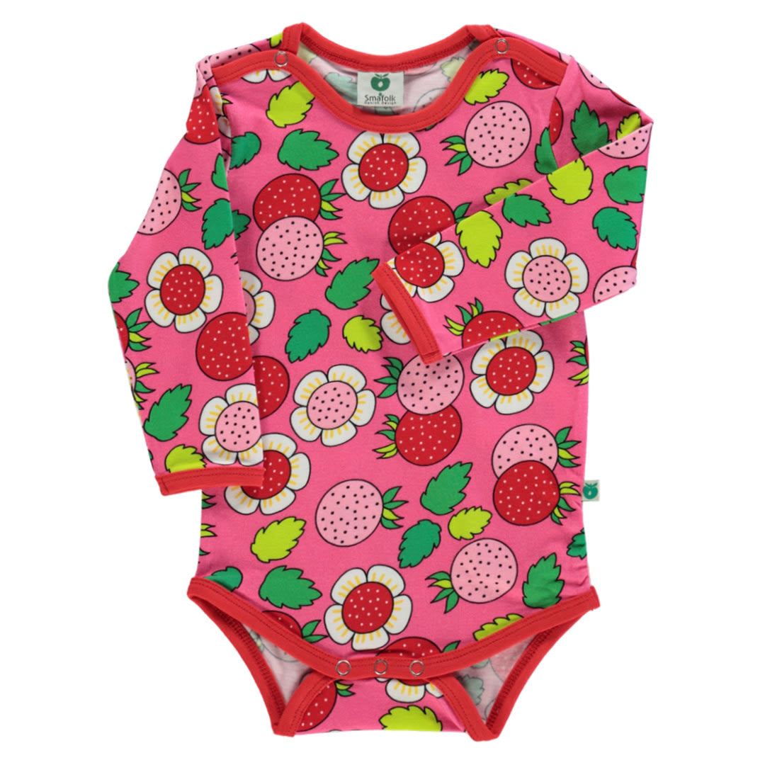 Langärmliger Baby Body mit Blumen und Erdbeeren